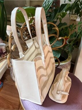 NEW Neiman Marcus Ecru Stripe Woven Tote(14x5x9") & Small Zip Pouch (6.5×3x3")